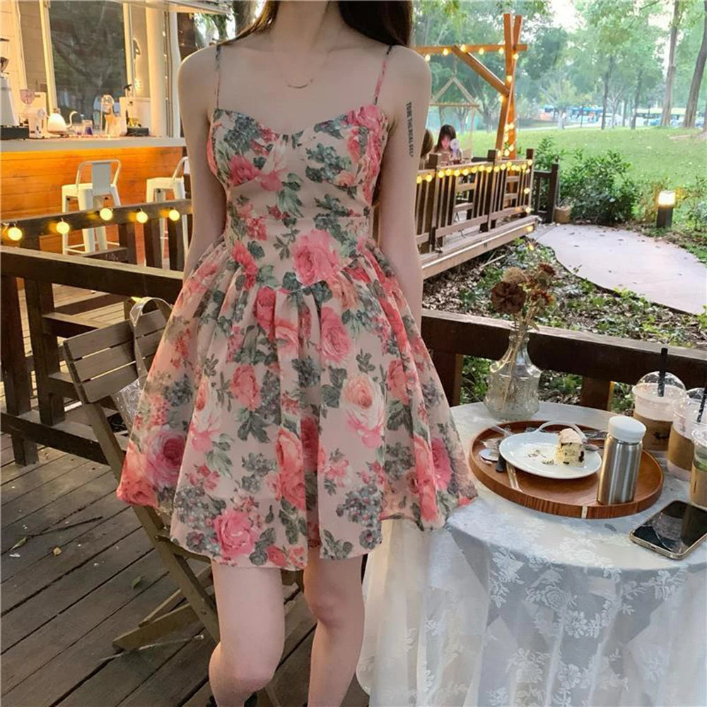 Women's Floral Print A-line Dress with Adjustable Straps and High Waist Design for Spring Summer Autumn Winter Wear