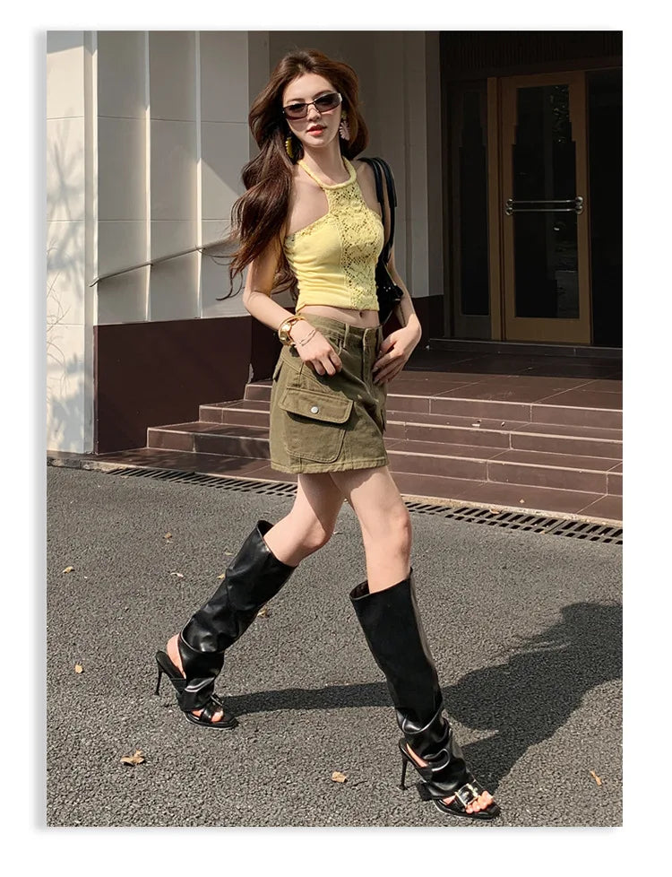 High Waist A-Line Mini Skirt Denim Skirt Women's Multi-Pocket Anti-Light Workwear Half Skirt Street Style Casual Wear