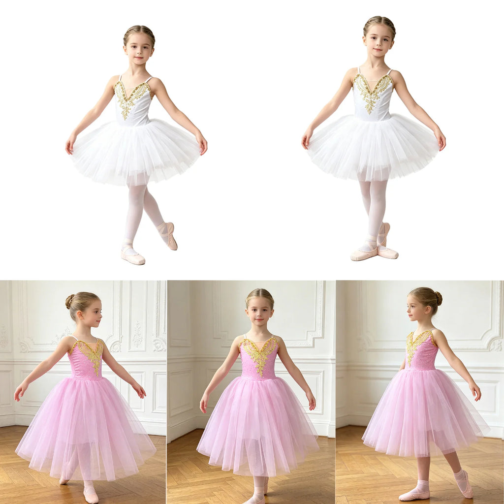 Kids Girls Tutu Ballerina Ballet Dance Performance Dress Adjustable Spaghetti Strap Applique Bodice Tulle Tutu Dress Dancewear