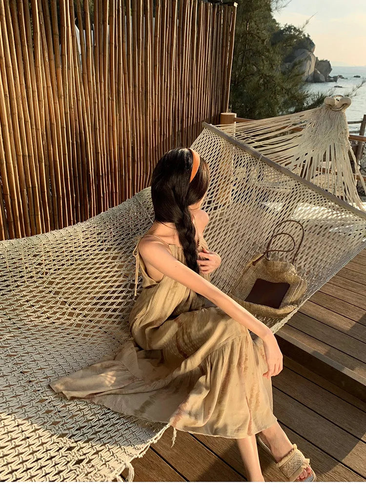 Summer Breeze New Style Folded Hem Strap Dress French Vacation Cool Neck Hanging Skirt Long A-Line Gown round Neck Sleeveless