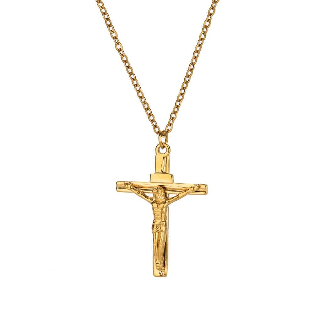 Stainless Steel Jesus Cross Necklace For Women'S Men Gold Color Caravaca Angels Crucifix Charm Choker Rapper Jewelry Hip Hop