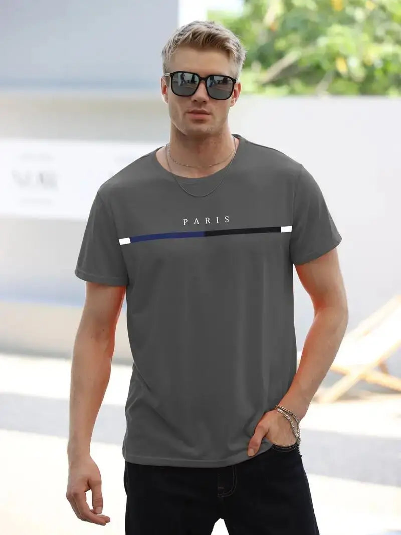 Paris Theme Pattern Print  T-shirt,Pattern T-shirt Men's Summer Wear,Men's Clothing