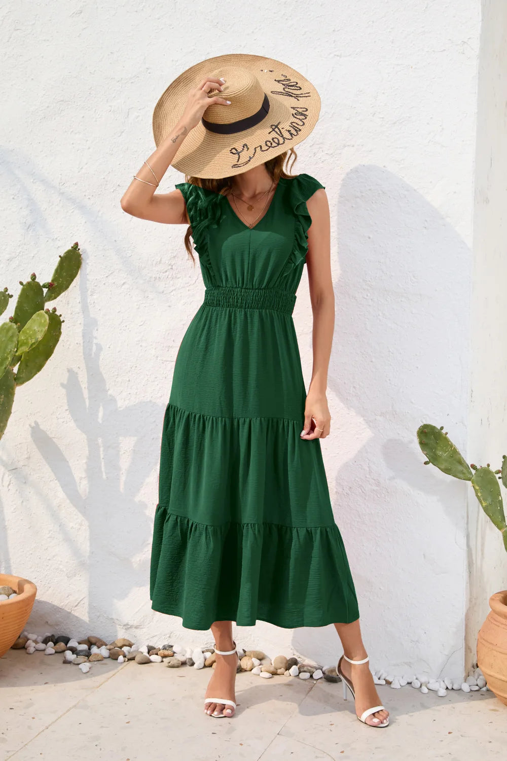 VigoCasey 2026 Summer Female Solid Long Dress Women Sexy Ruffle Sleeveless V Neck Long Dress Lady Casual High Waist Dresses