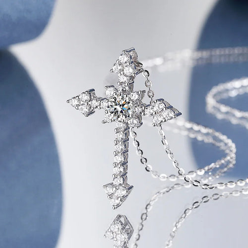 1 Ct Moissanite Cross Pendant Necklace - D Color S925 Sterling Silver