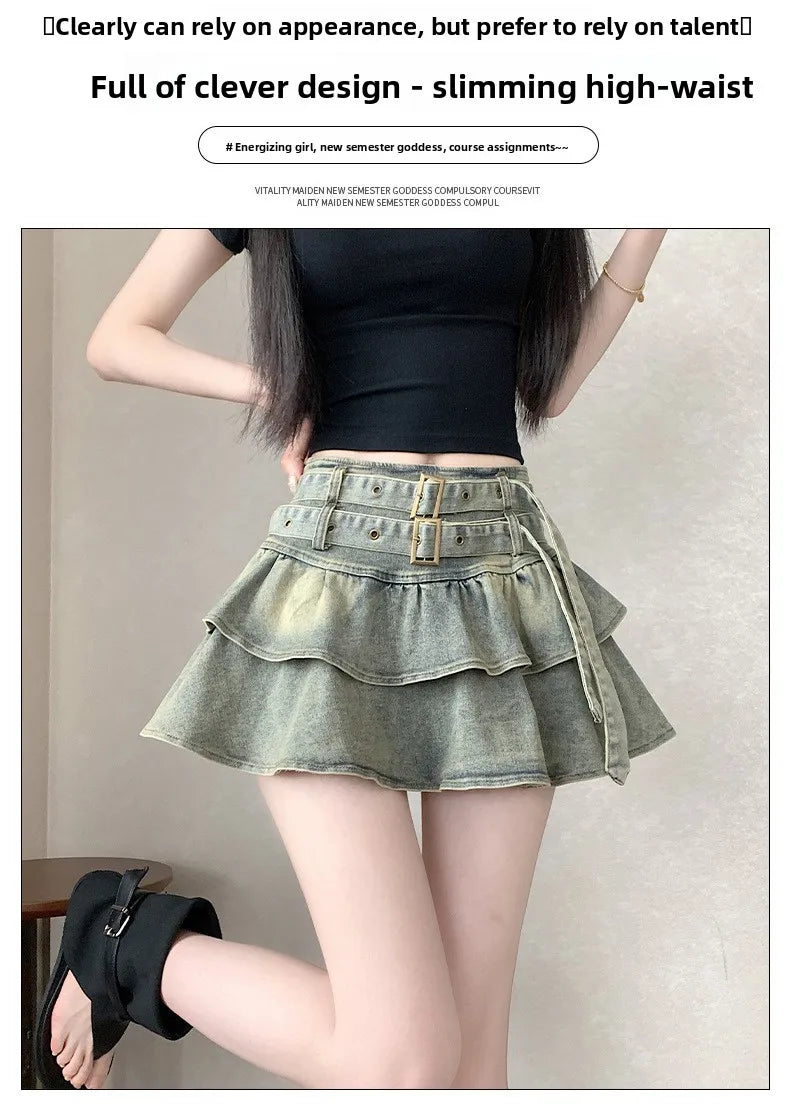 American Pure Desire Spicy Girl Design Elastic Denim Skirt Half-length Pleated Cake Skirt Short Commute High Elasticity