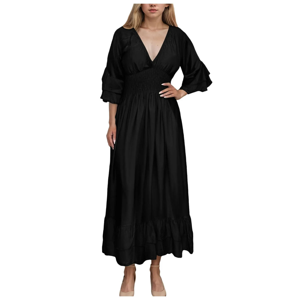 Womens Work Dresses Business Casual Women Sexy V Neck Ruffle 3/4 Sleeve Dress Casual Loose Ruffle Tiered Womens Sweater Dress