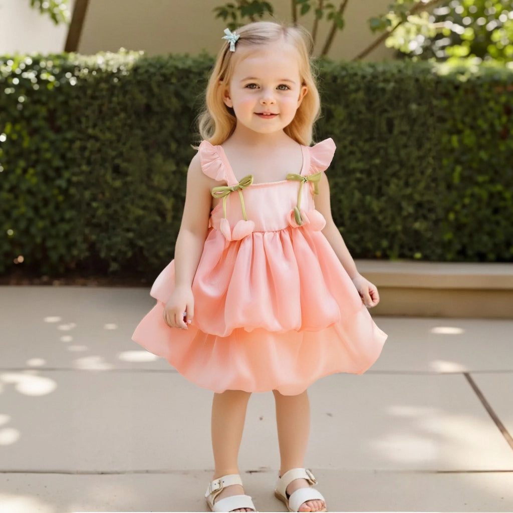 Summer New Tulip Pattern Solid Color Halter Puffy Girl Kid's Dress Cute Casual Princess Dress For Baby Girl ( 0-2 Years Old)