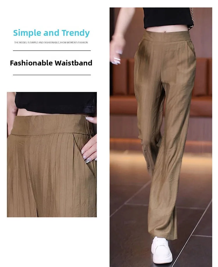 Women's Ice Silk Wide Leg Pants - High Waist Loose Casual Trousers
