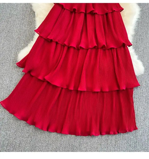 Beach Vaion Vintage Women's V-ne High-waist Cake Dr Ele Aosphere Maxi Skirt Loose Fit ort Sve Ci Commute