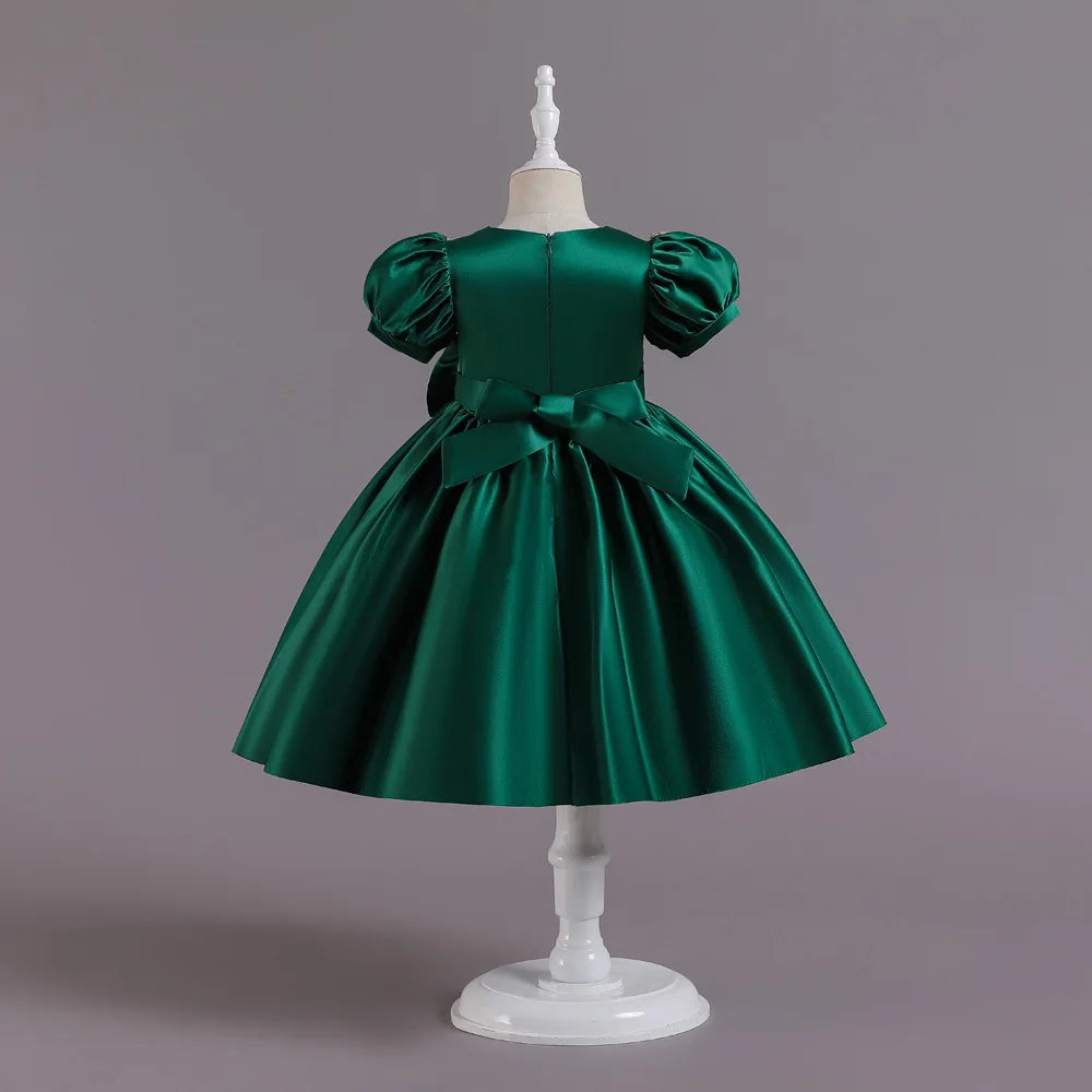 Golden Bow Satin Girls Dress For Weddings Party Children's Pageant Ball Gown Kids Formal Evening Clothing 2-8 10 Years