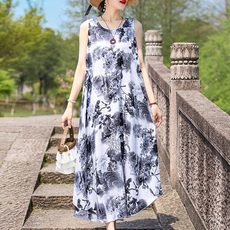 New Women Summer Dresses Vintage Dress FashionRobe Plus Size Sleeveless Femme Casual Print Dresses