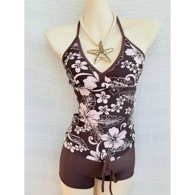 Tropical Floral Print Halter Tankini Swimsuit, V-Neck Top & Boyshort Bottom Two-Piece Set