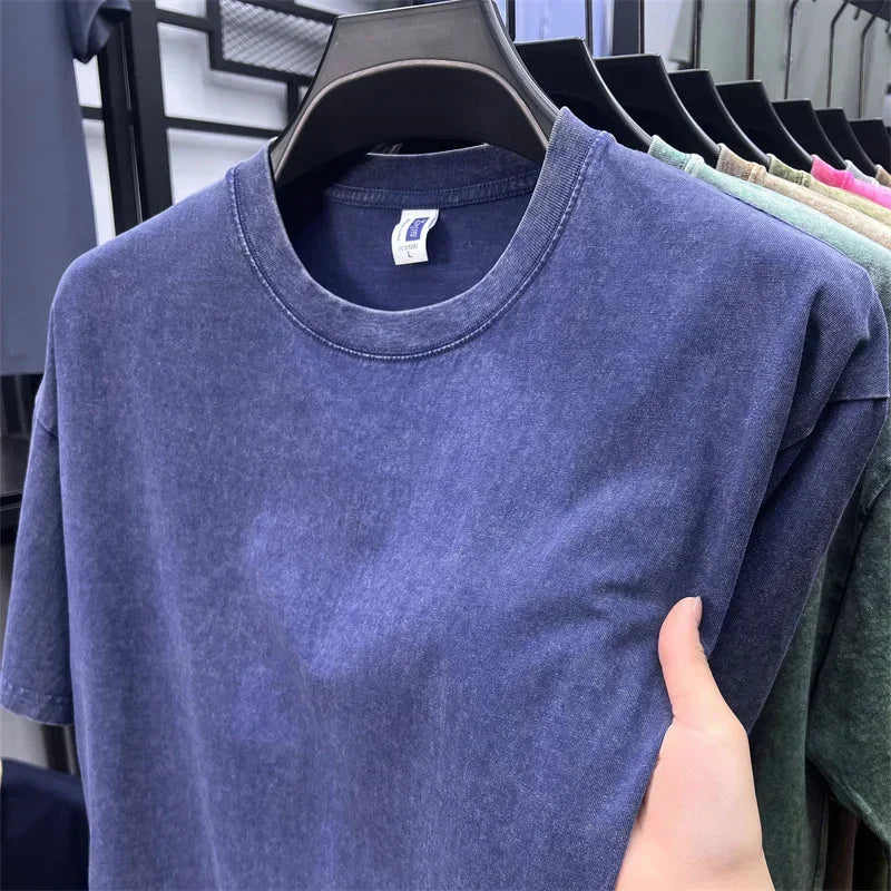 Men's Heavy Cotton T-Shirt - Vintage Washed Oversized Casual Tee