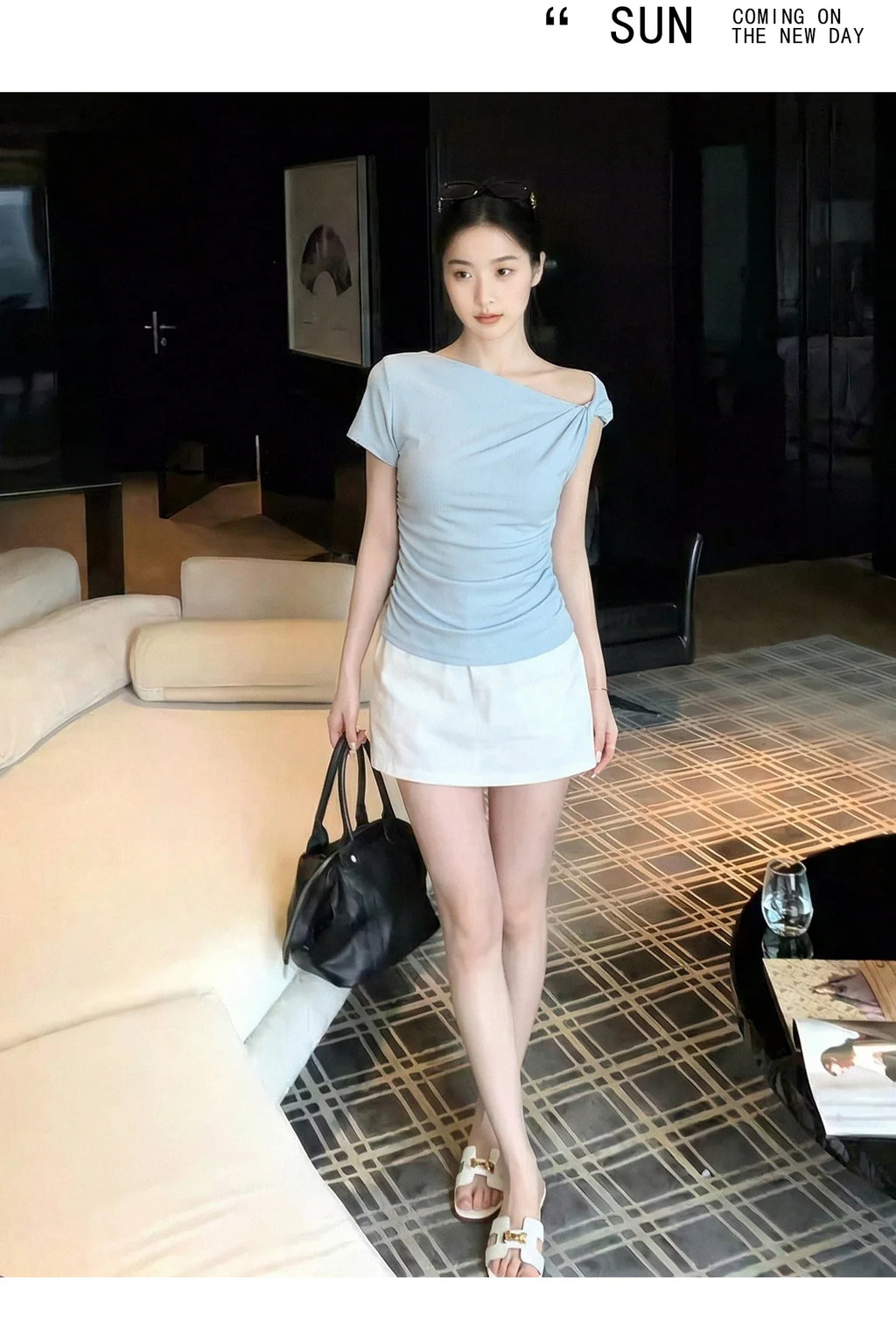 White Diagonal Shoulder Short Sleeve Crop Top 2026 Summer Solid Waist Pleated Women T-shirt Korean Style Minimalist Slim Tee