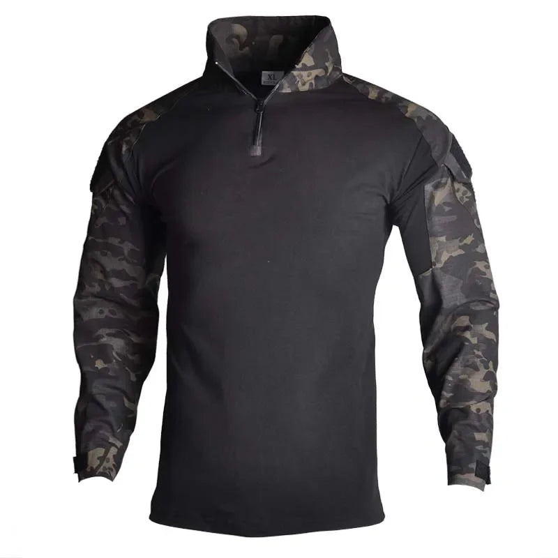 Outdoor Long Sleeve Tactical Shirts Combat Shirt 1/4 Zipper Ripstop Cotton Wear-Resisting Camo Airsoft T Shirts Men Clothing