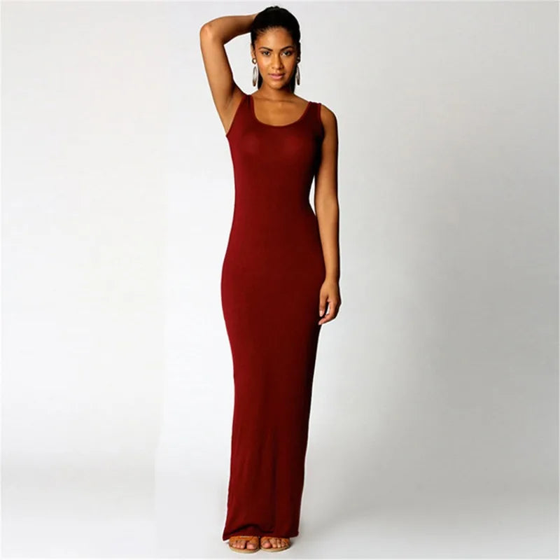Women‘s Maxi Dress Sleeveless Bodycon Long Dress Elegant Casual Homewear Spring Summer Cool Solid-Color Dress