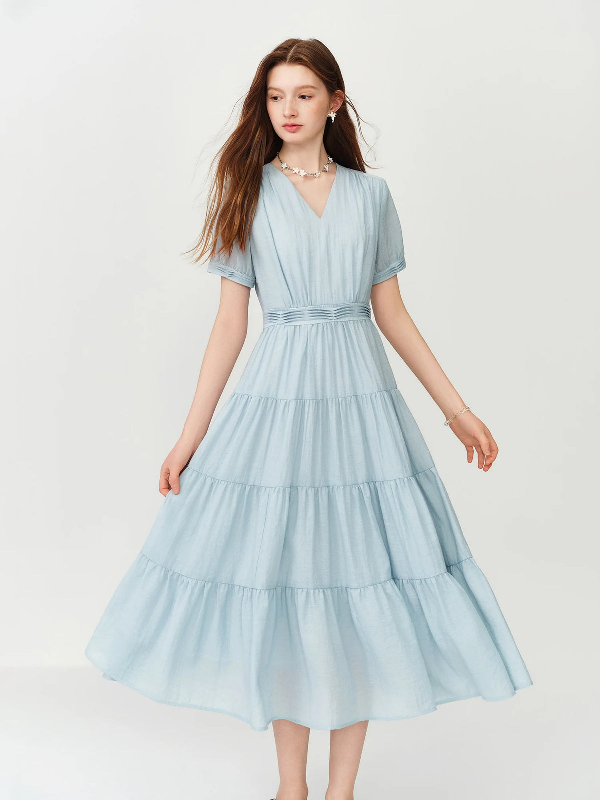 FSLE V-neck Puff Sleeve Pleated Waist Dresses Women New Summer 2026 High-waisted Cut Short Sleeve Mid-calf Length Fairy Dress