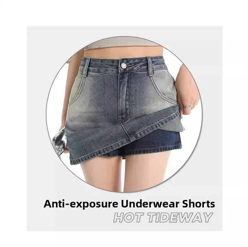Retro American Washed Slim Fit Denim  Skirt Women Summer Hot Girl High Waist Bodycon Anti Exposure a Line Half Body Skirt