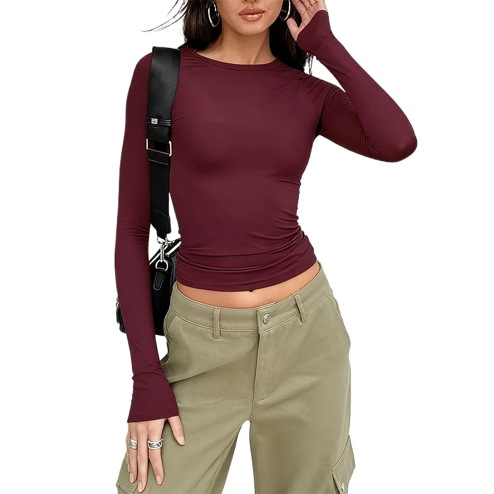 Women Long Sleeve T Shirt Solid Fashion Slim Fit Casual Shirts Female Crew Neck Basic Tee Clothes Streetwear Crop Tops