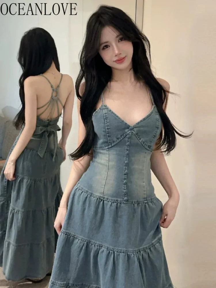 Y2k Women Dresses Spring Summer Ruffles Sleeveless Vintage Vestidos Mujer Korean Fashion Sexy V Neck A-line Long Dress