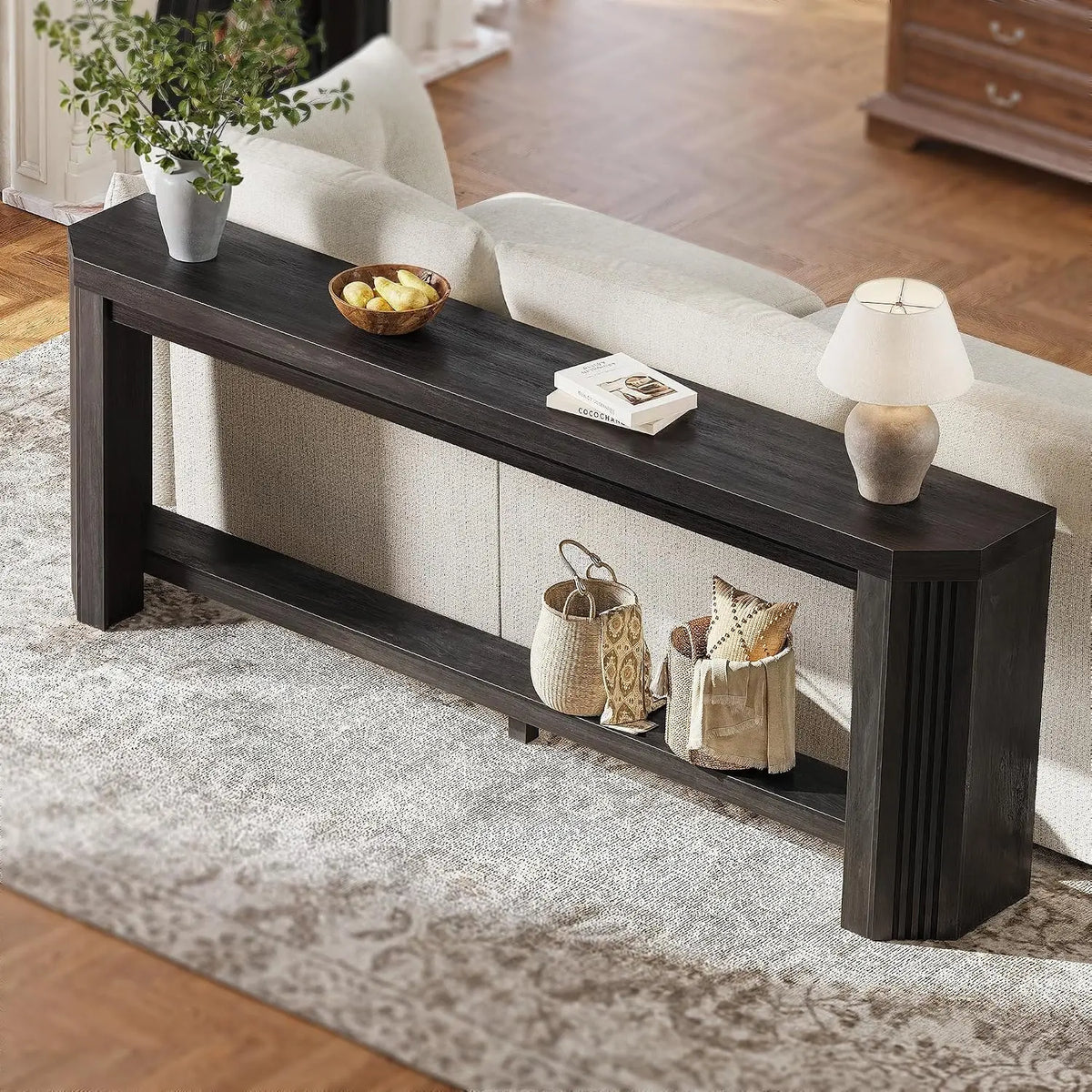 70" Console Table, Narrow Sofa Table with Open Storage, Light Brown