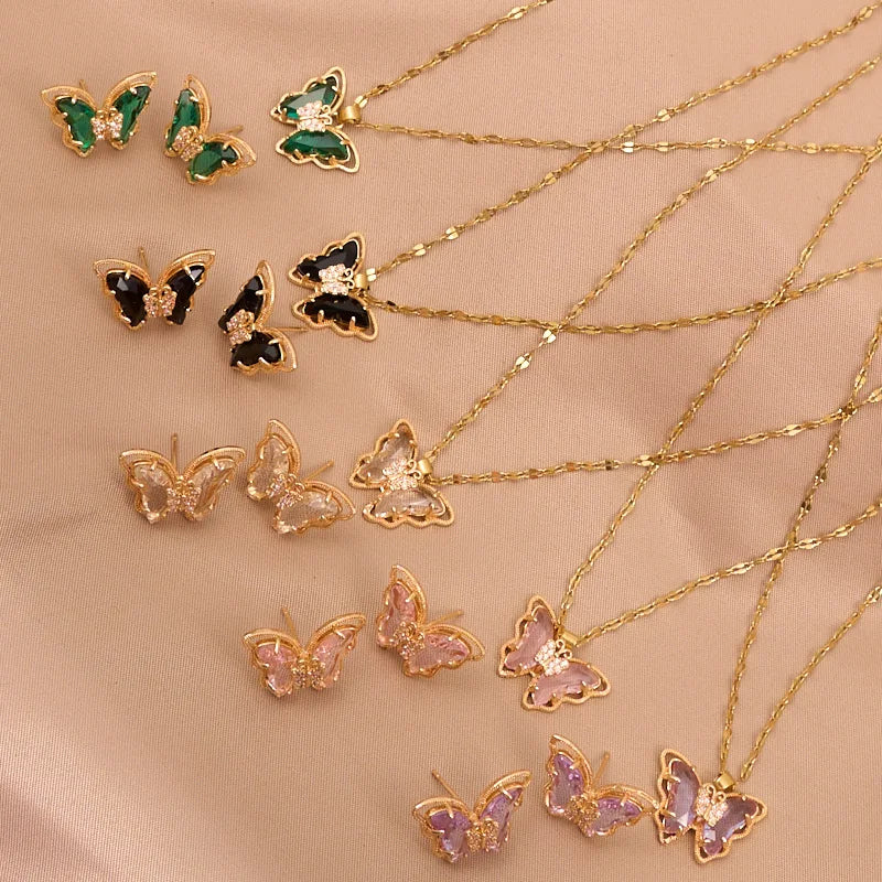 ZAKOL 2PCS/Set Exquisite Green Black Yellow Purple Crystal Butterfly Jewelry Set Fashion Necklace Earrings Party Jewelry Set