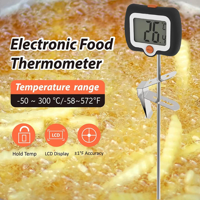 Digital Food Thermometer 300°C/572°F 304 Stainless Steel Probe LCD Display Thermometer Kitchen Grill BBQ Meat Oil Fry Temp Gauge