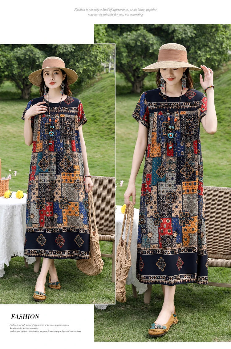 New Fashion Casual 2025 Summer Elegant Dresses For Women O-Neck Print Vintage Short Sleeve Dress Loose Women Clothing