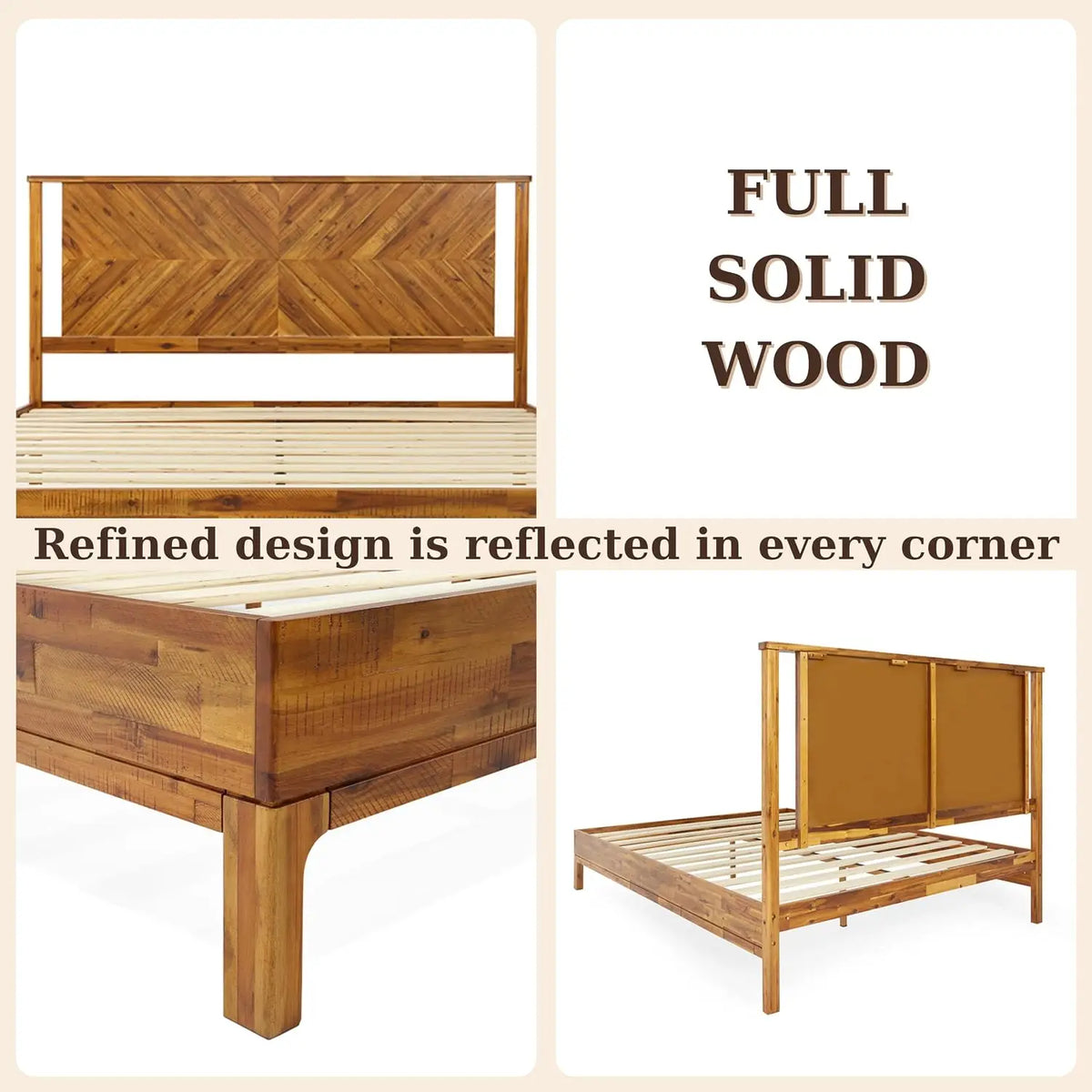 Bme Vivian 14 Inch Deluxe Bed Frame with Headboard, Rustic & Scandinavian Style with Solid Acacia Wood, No Box Spring Needed, 12