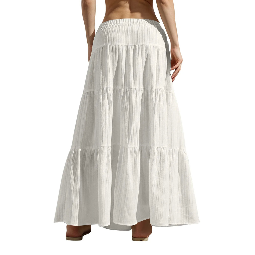 Women's Flared Ruffle Hem Maxi Skirt Fashion Women Solid Long Skirts Elastic Waist Elegant Long Skirt Spring Summer Cake Dress