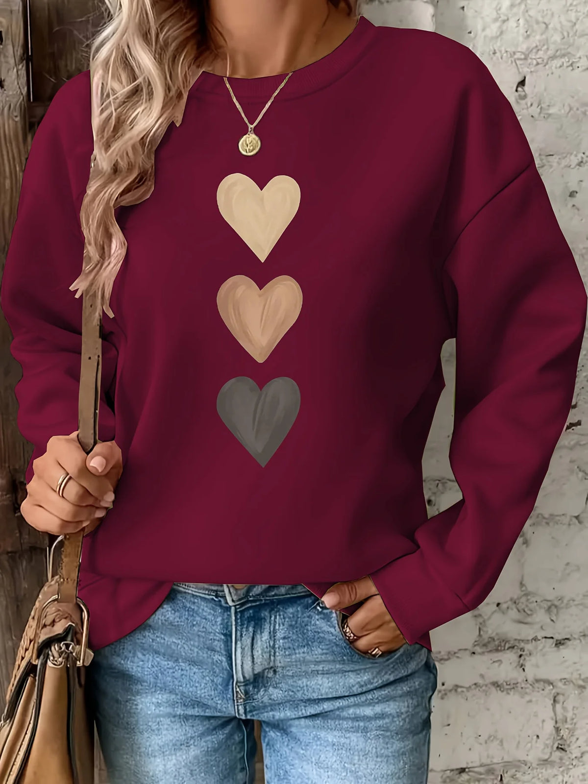 Women's Casual Heart Print Pullover Sweatshirt - Long Sleeve Knit