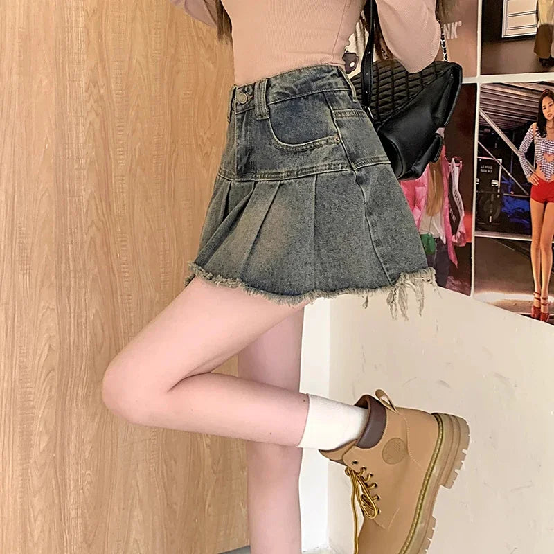 Summer Women Y2k High Waist Mini Skirts Girls Korean A Line Denim Pleated Dress Female Fashion Punk Blue Harajuku Jeans Skirts