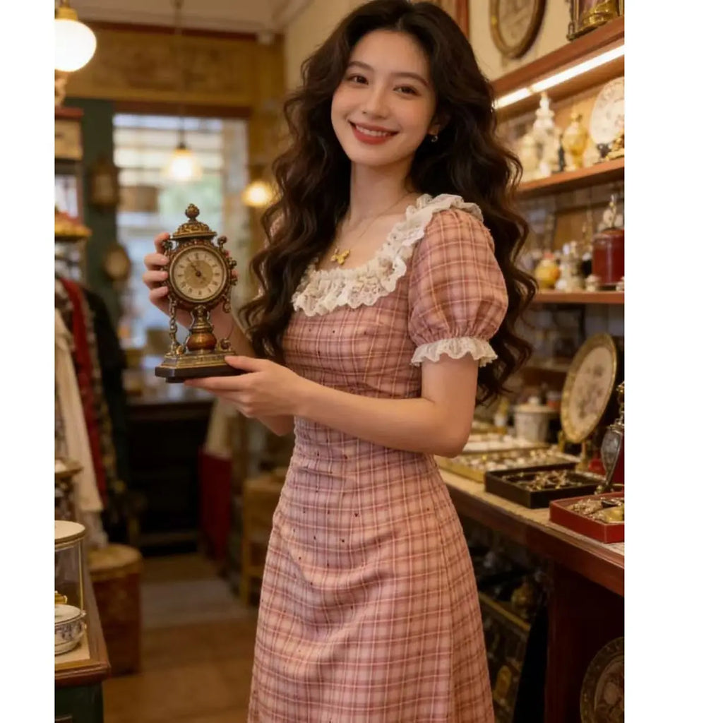 Pink Lace Bubble Sleeve Dress Women's Summer Gentle Style Ultra Beautiful Plaid Slimming Long Dress High Waist A-Line Skirt