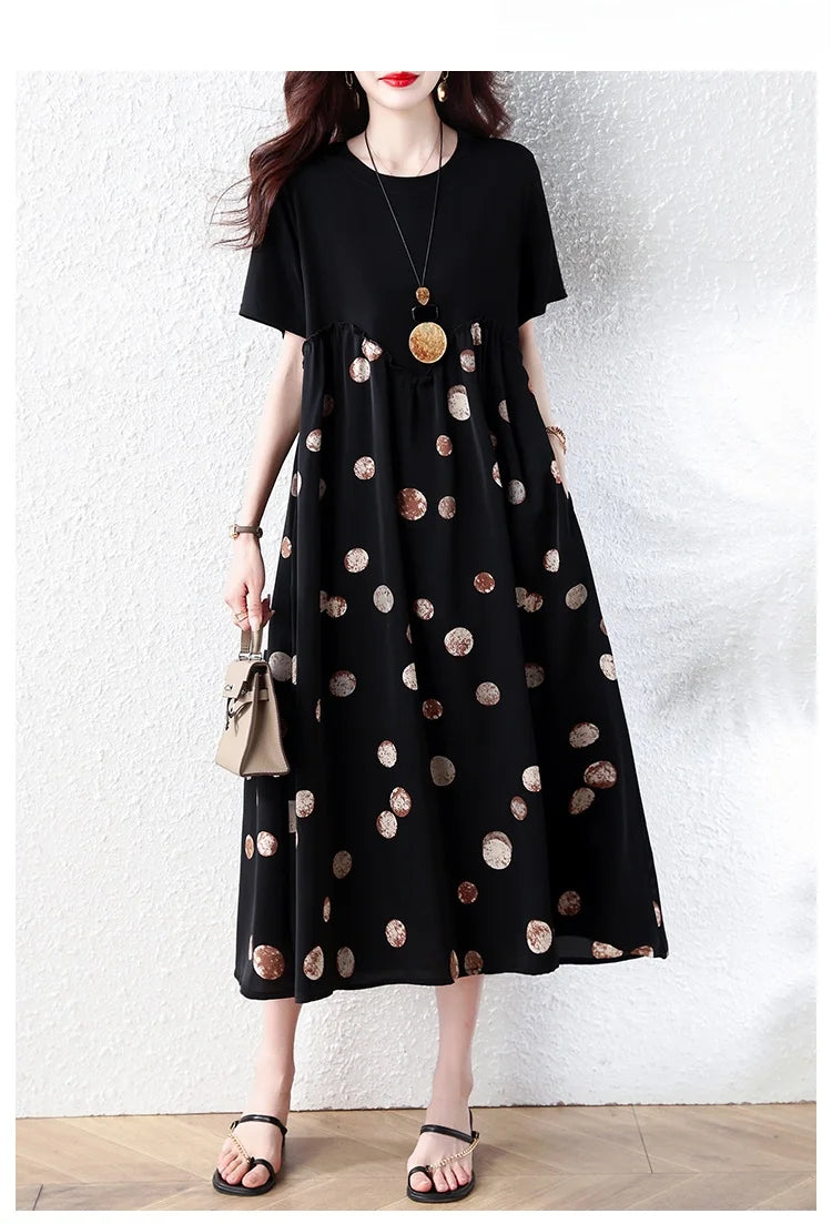Summer New plus Size Polka Dot Dress Color Block Loose Fitting Slimming Effect Casual Commute Style Women's Dress
