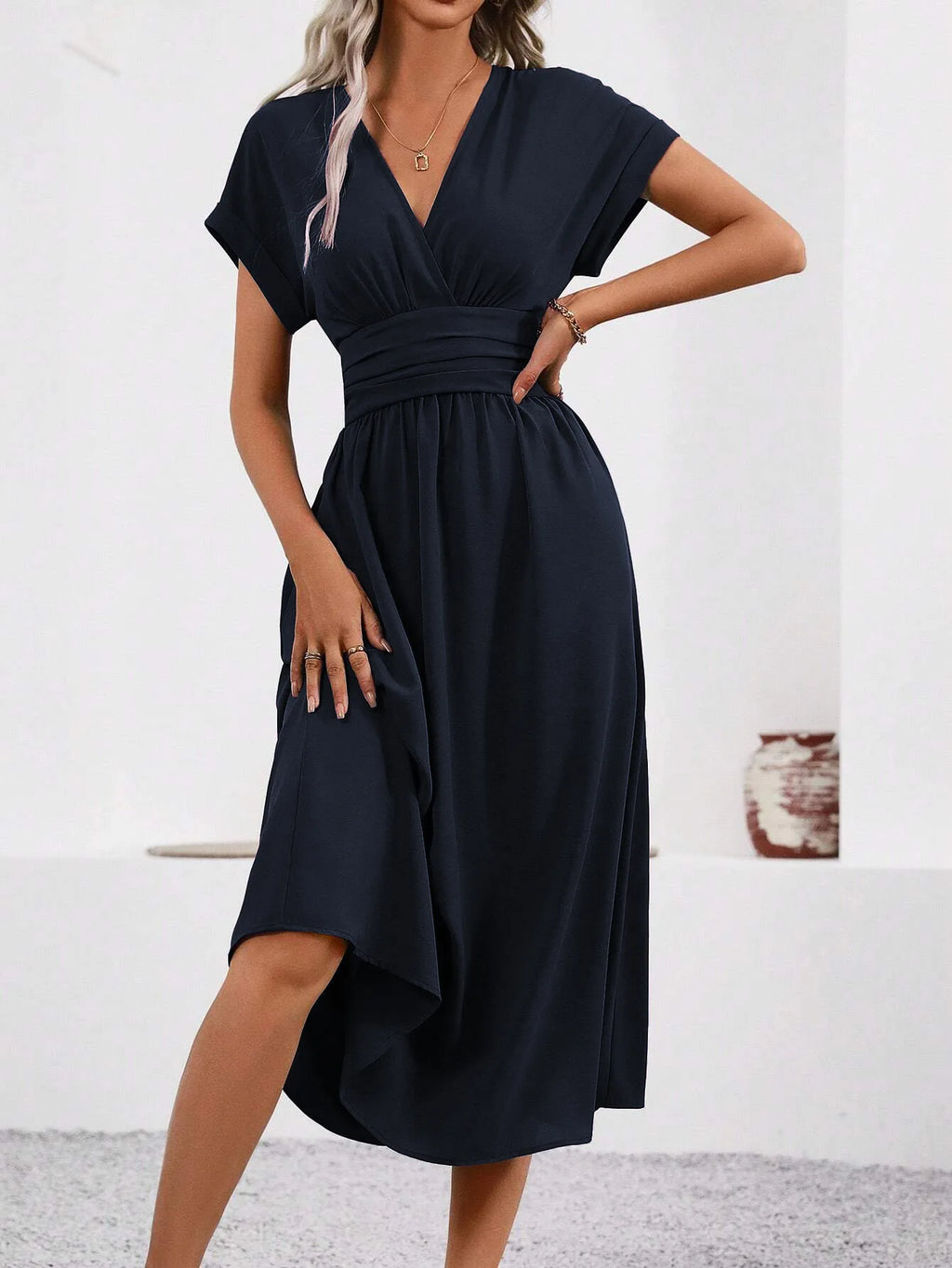 Woman Clothing Tops Skirts Y2k Clothes Dresses 2026 Woman Summer Solid-Color V-Neck Batwing-Sleeve Pleated Long Elegant Dress