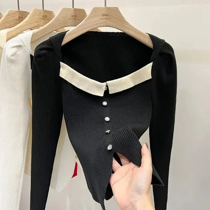 Women's Knitted Short Sweater Square Collar Base Shirt Color Collision Design Sensation Autumn Winter Special Edition Top