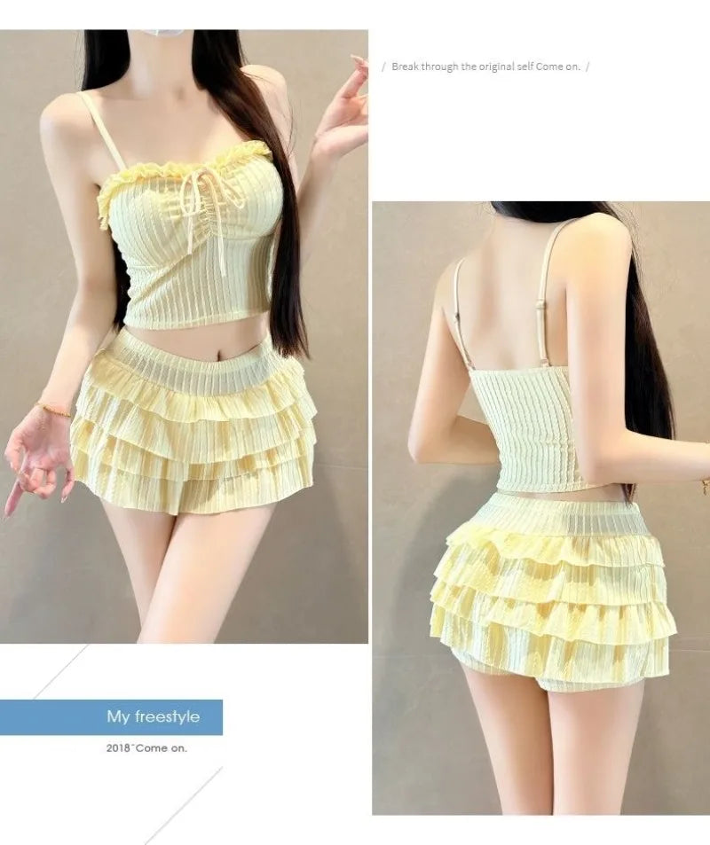 Japanese Fresh Sweet Cute Sexy Hottie Girl Slimming Spaghetti Strap Amd Skirt Split-type Swimsuit Set Bikini Swimwear Women New