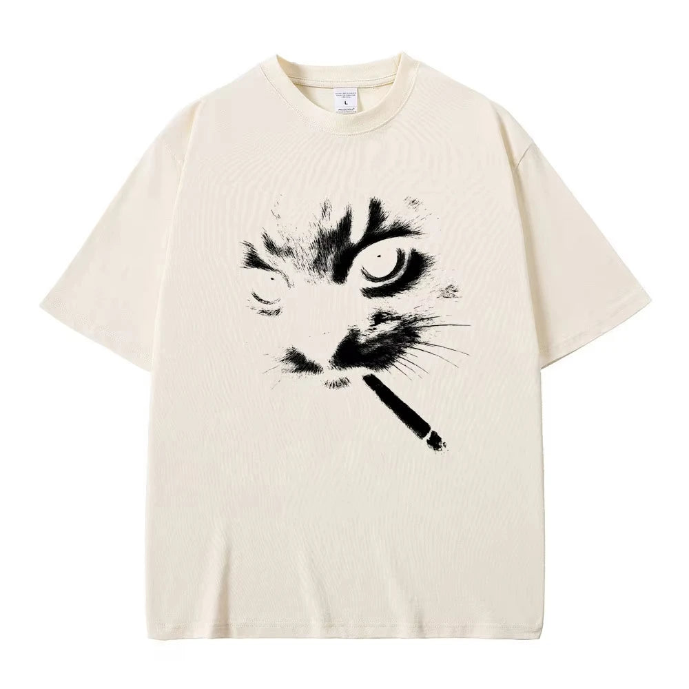 Funny Meme Smoking Cat Face Graphic T-Shirts Men Women'S Casual Cotton Vintage T Shirts Men'S Oversized T-Shirts Cats Lovers Gifts