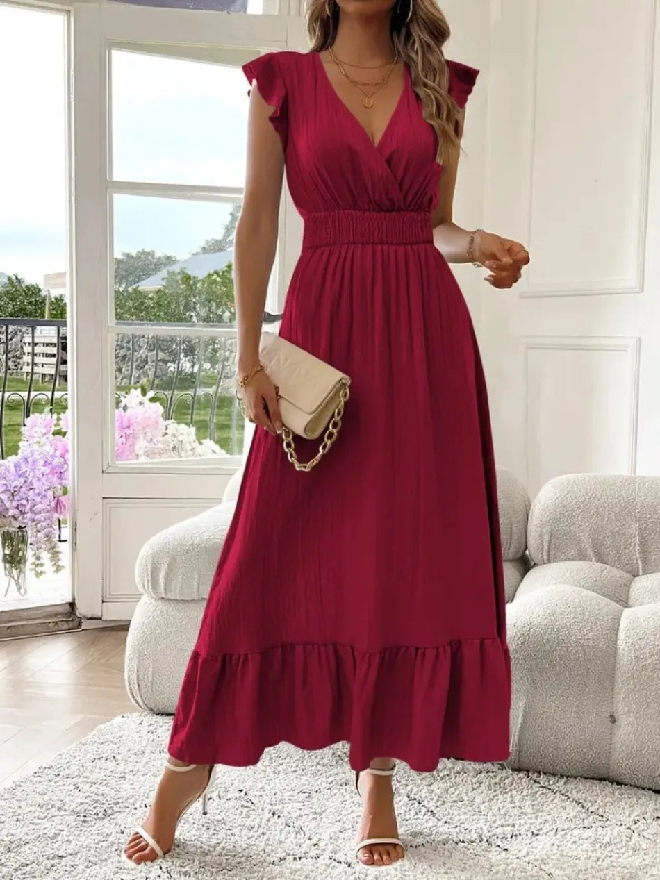 New in Summer Women 's Long Dresses V Neck Solid Color Elastic Waist Gown Office Lady Ruffles Wrinkle Design Casual A Line Dress