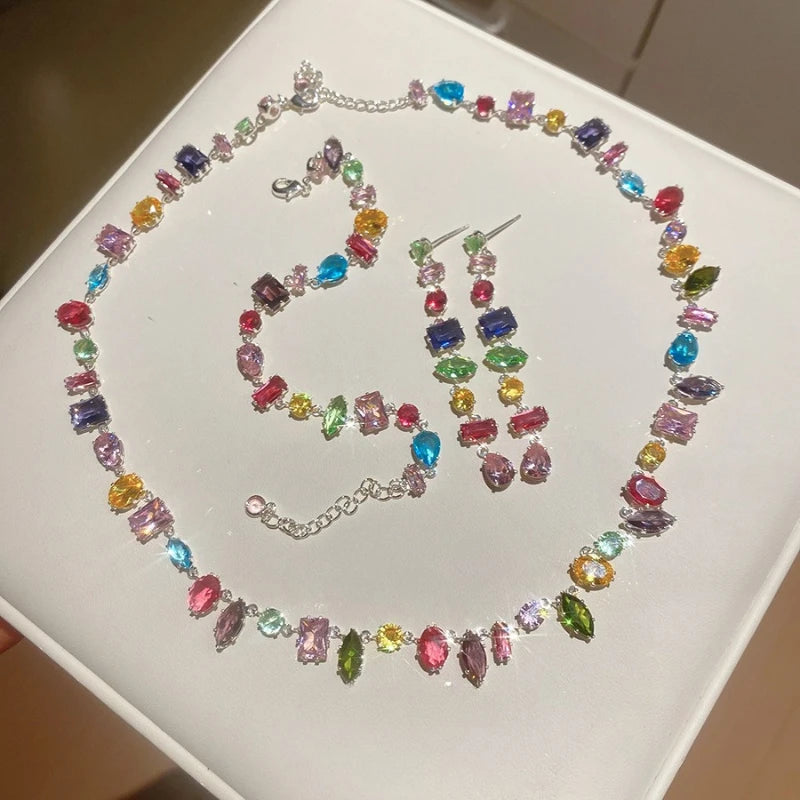 2026 Colorful Crystal Necklace Bracelet Chain Jewelry Set for Women Elegant Clavicle Chain Irregular Zircon Party Gift for Women