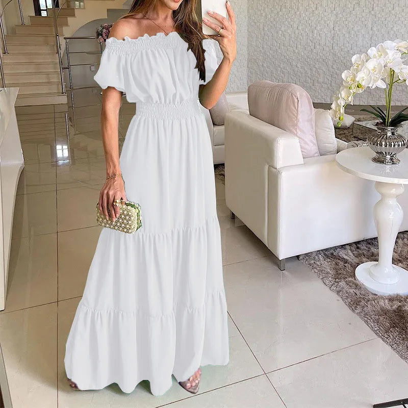 Summer Sexy Off Shoulder Slash Neck Ruffle Beach Party Dress Elegant Women Fashion Red Lace-up Pleated Holiday Long Dresses Robe