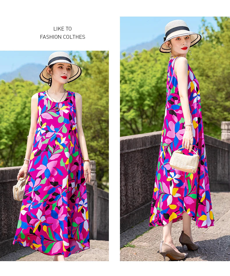 New Women Summer Dresses Vintage Dress FashionRobe Plus Size Sleeveless Femme Casual Print Dresses