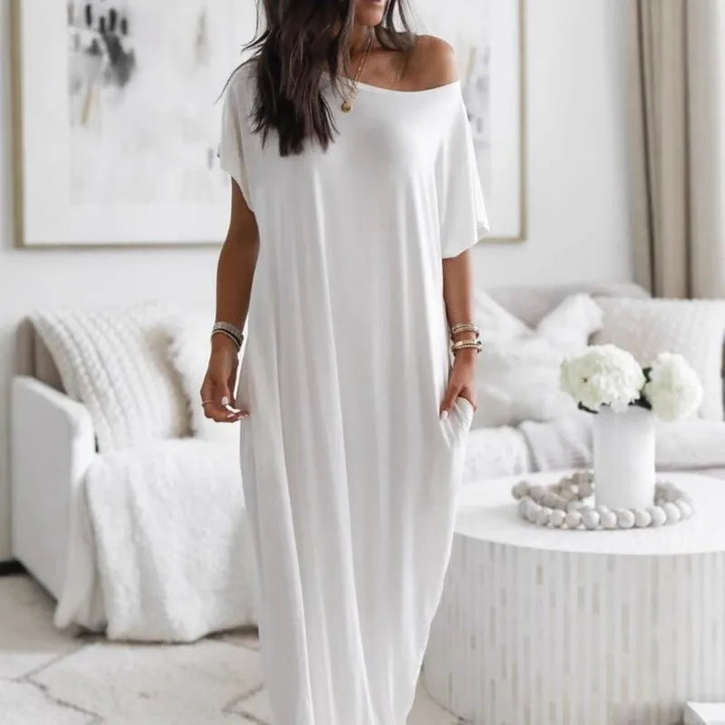 Women's Summer Solid Short Sleeve Maxi Dress Casual Loose Fit for Beach Holiday and Daily Leisure