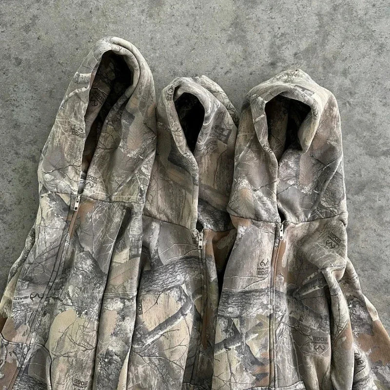 America Retro Zip up Hoodie Men Camouflage Pattern zipper Sweatshirt High Street Hip HopStreetwear Oversized Unisex Camo Hoodie