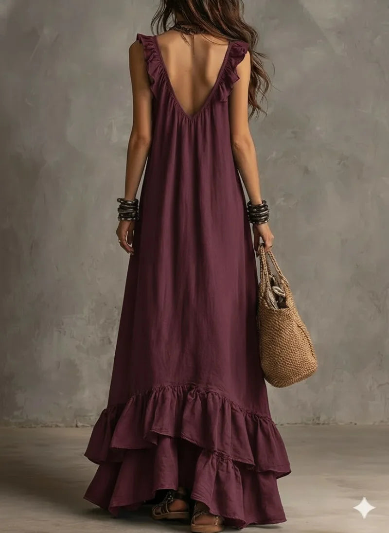 Boho Ruffled Maxi Dress Deep V Sleeveless Cascading Ruffle Loose Flowy Floor Length Beach Vacation Casual Long Dresses Cover Up