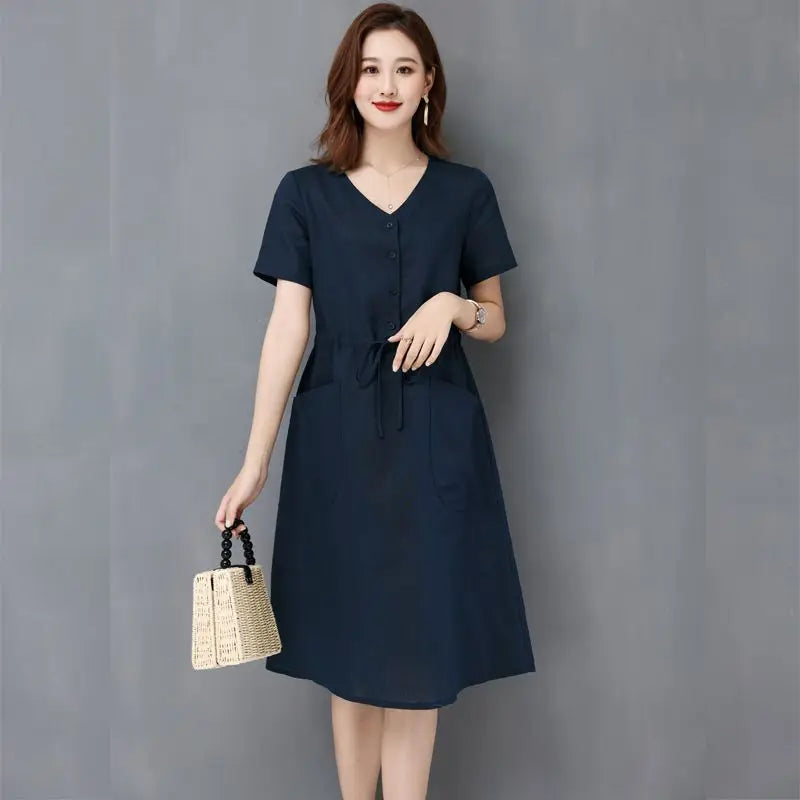 Elegant Cotton and Linen Women's Dress Draw String High Waist Breathable Midi Dresses Half Sleeve V-Neck A-Line Dress Summer