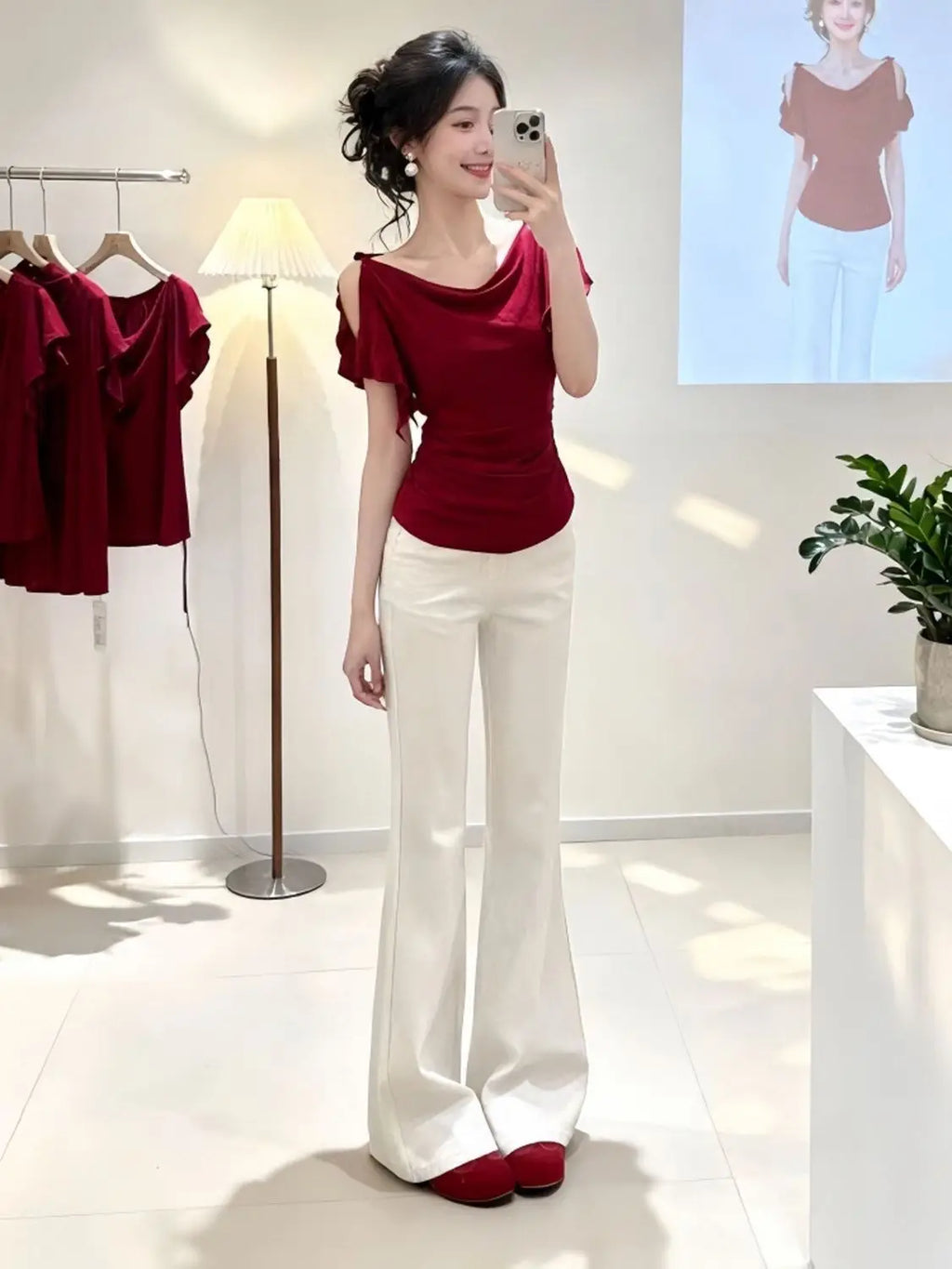 Ultra-Hand Feel Modal Korean Style Short Sleeve Shoulder Bared Waist Cinched Slim Fit Red Folded Women's Top Comfortable Brea...
