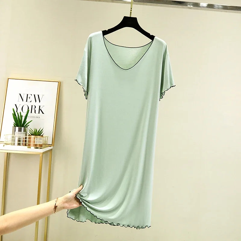 Loose Casual Modal Short Sleeve Dress V-Neck Base Skirt Thin Summer Floral Edge Sleep Dress Versatile Summer Dress