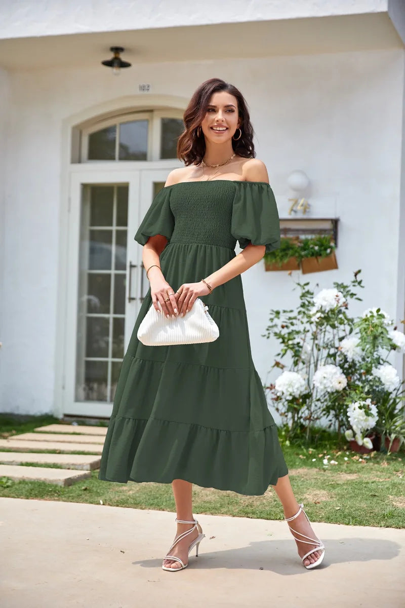 2026 Spring Summer Elegant Women's Long Dress Fashionable Solid Color Square Neck Puff Sleeve Pleated Slim Fit Loose Hem Dress
