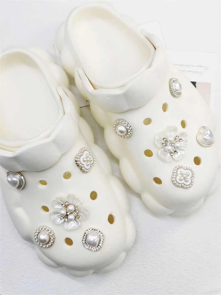 10Pcs Shoe Charms Abs Decorations Accessories Diy Ornament Pins For Clog Buckle Lady Garden Shoes Elegant Pearl Floral Design